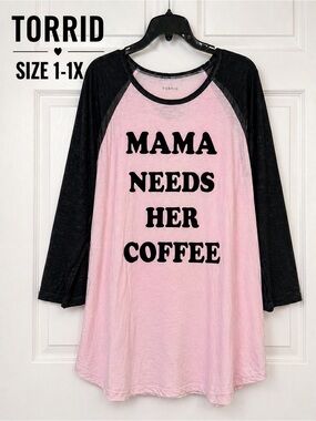 Torrid Mama Needs Coffee Graphic Raglan Tee Pink Black Size 1 1X